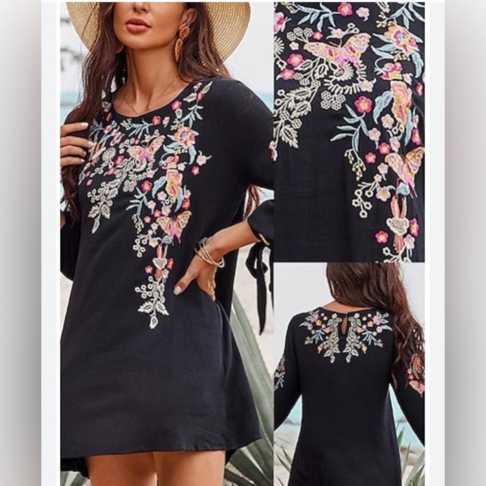 Grosy S black colorful floral Embroidered Boho Long Sleeve Loose Fit Mini Dress